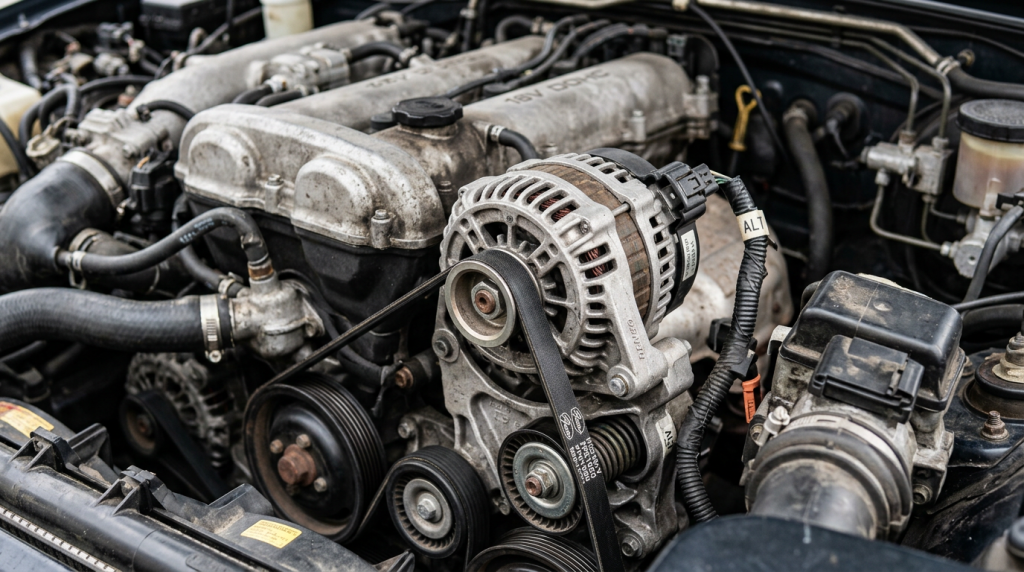 Close-up of car engine showing serpentine belt wrapping around pulleys and alternator